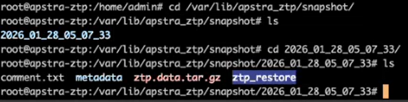 Terminal showing navigation to /var/lib/apstra_ztp/snapshot directory, listing files in 2026_01_28_05_07_33 folder including comment.txt, metadata, ztp.data.tar.gz, and ztp_restore.