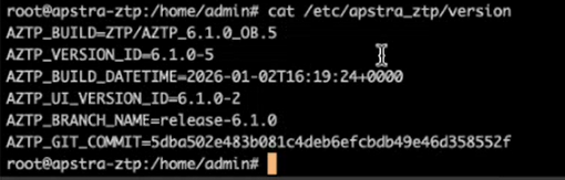 Terminal displaying file contents from etc/apstra_ztp/version with Apstra ZTP versioning details including build AZTP_6.1.0_0B.5 and datetime 2026-01-02T16:19:24+0000. User logged in as admin on apstra-ztp.
