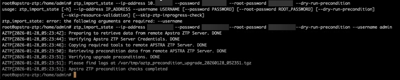 Terminal showing a script execution for Apstra ZTP. Highlights include correcting a missing username argument, retrieving data, verifying credentials, copying tools, checking preconditions, and successful completion with logs saved in a specified location.