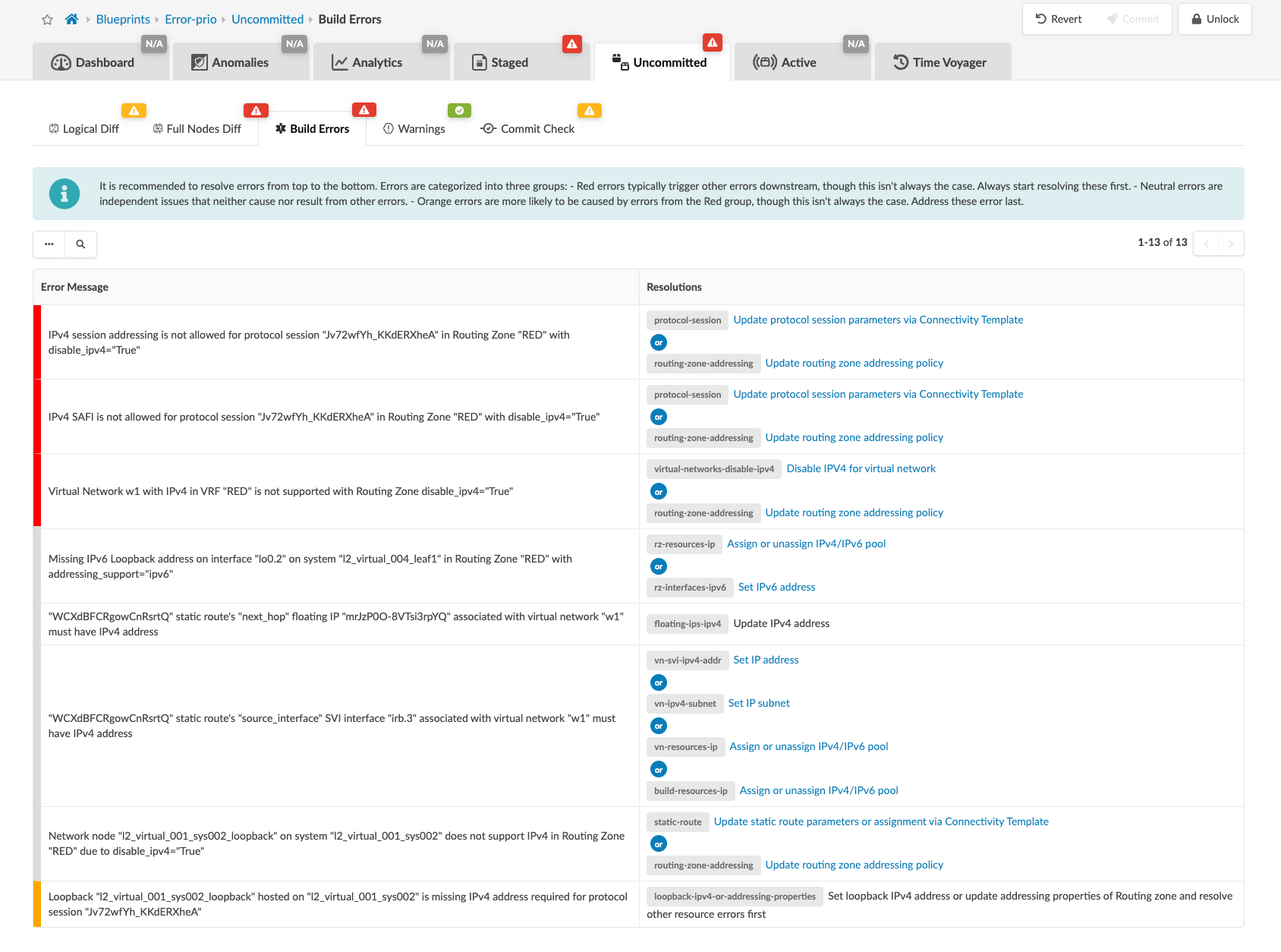 Build Errors page showing network configuration issues and resolutions. Includes error messages, resolution steps, navigation tabs, status indicators, and pagination controls.