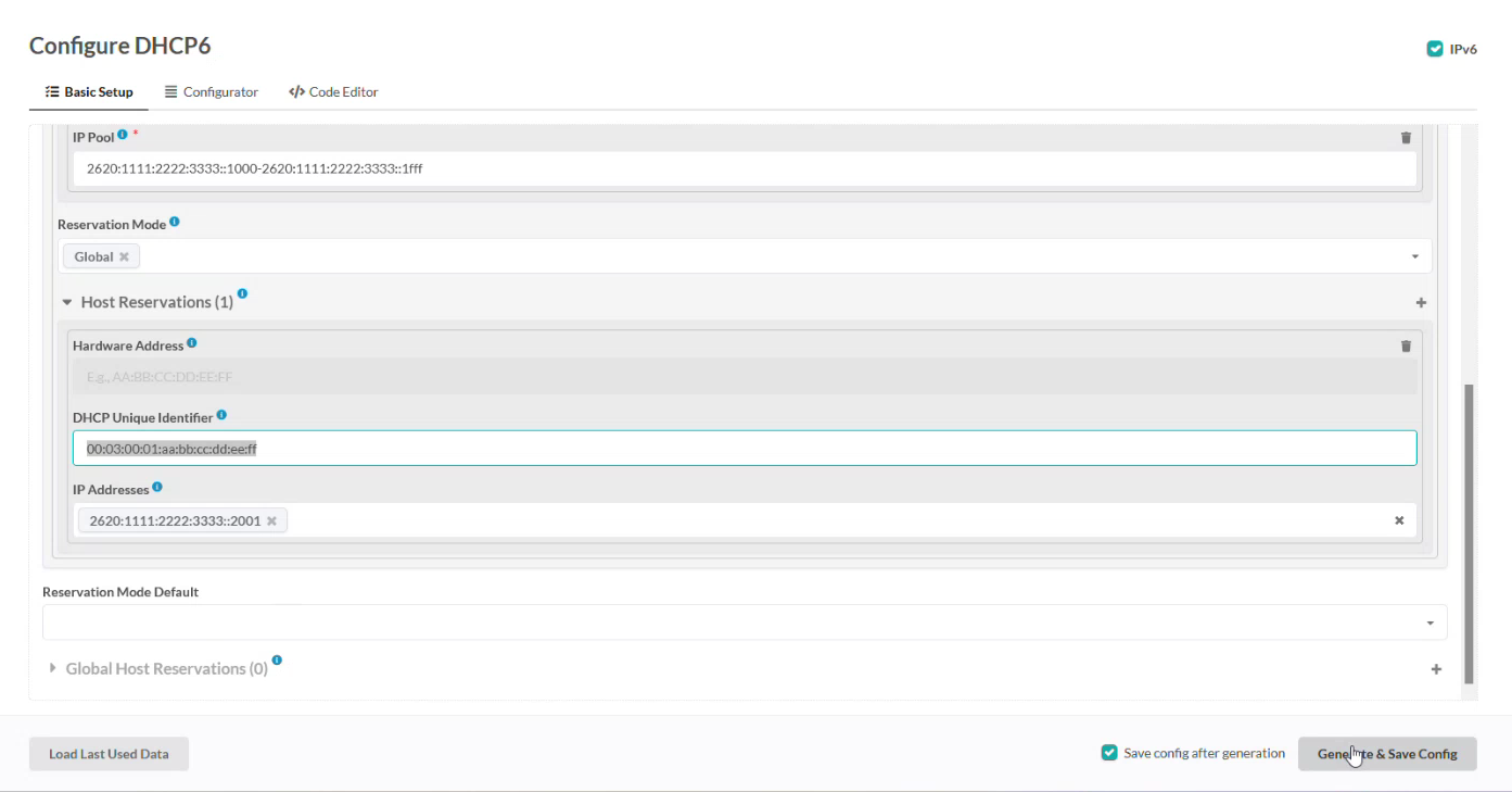 Configuration interface for DHCPv6 setup showing options for IP pool allocation, reservation mode selection, host reservations with DUID and IPv6 address fields, and buttons to load data or save config.