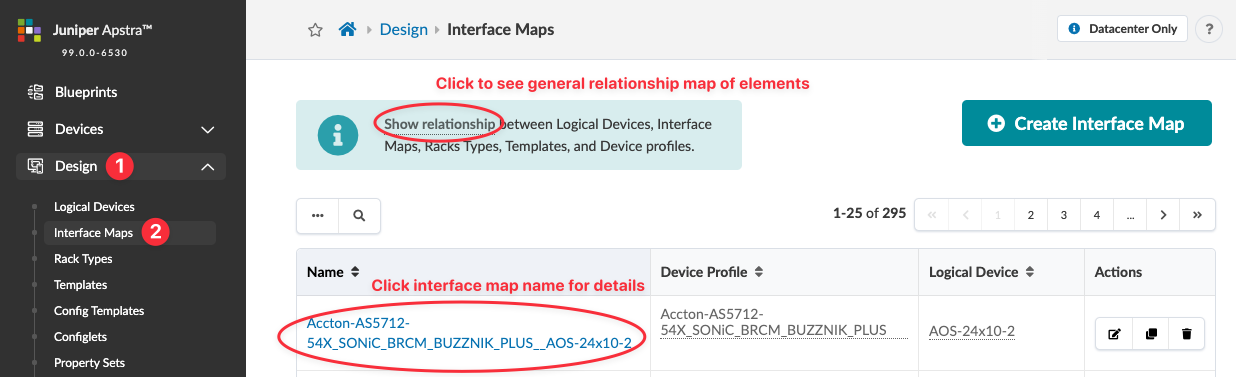 Juniper Apstra Interface Maps section showing navigation panel, table with interface maps, highlighted features for map details, and create map button.