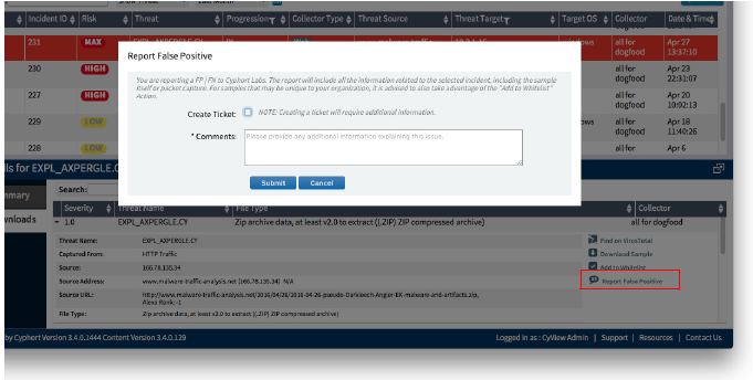 Incident Tab Downloads Details FP/FN Reporting Option