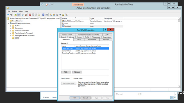 Active Directory Users and Computers Window “Member Of” Settings
