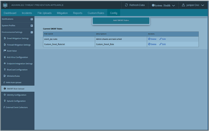 Juniper ATP Appliance Central Manager SNORT Rules Upload Page