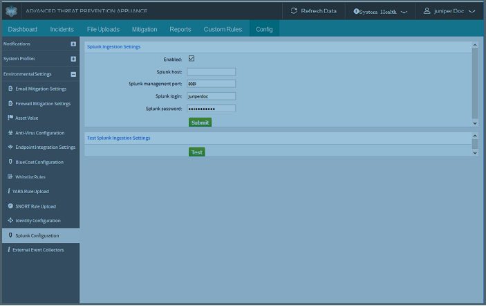 Splunk Ingestion Configuration Page