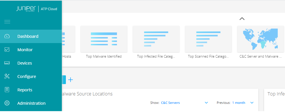 Juniper Networks ATP Cloud interface showing navigation menu and dashboard with malware widgets, world map, and data filters.