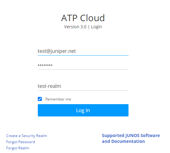 ATP Cloud login page with email test@juniper.net, obscured password, realm test-realm, checked Remember me, and Log In button.