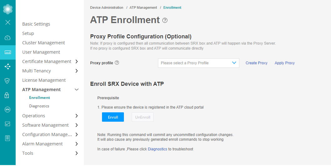 Screenshot of ATP enrollment interface on SRX device with navigation menu and options for configuring proxy and enrolling in ATP.