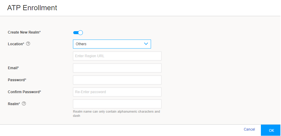 ATP Enrollment form with options to create a new realm, select location, enter region URL, email, password, confirm password, specify realm name, and buttons to cancel or submit.