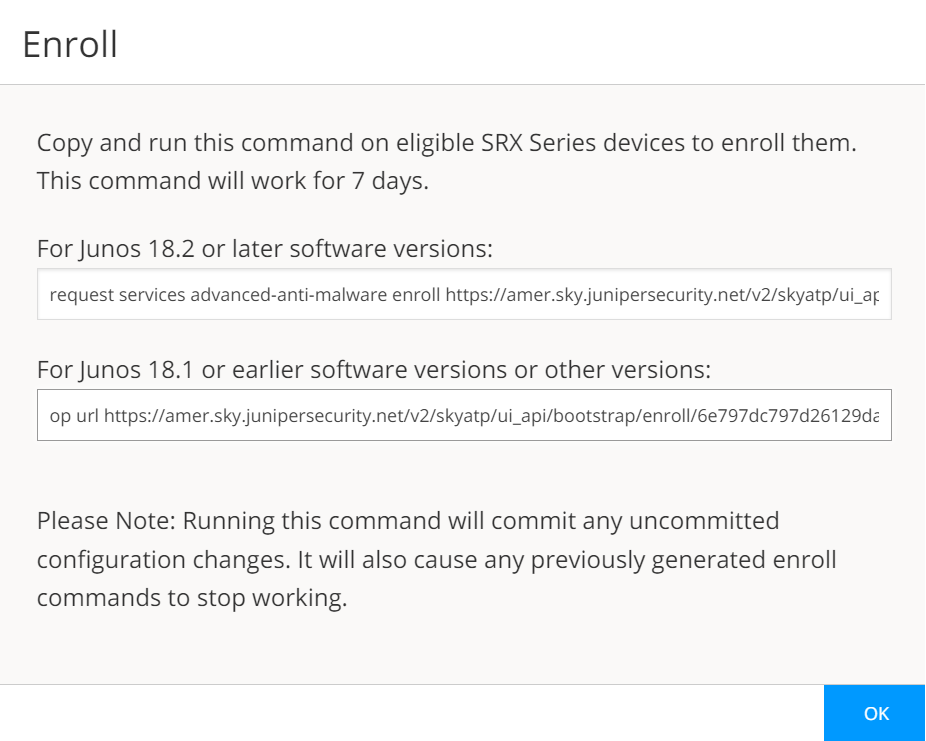 Enrollment commands for Juniper SRX Series devices into advanced anti-malware service. Command validity: 7 days. 