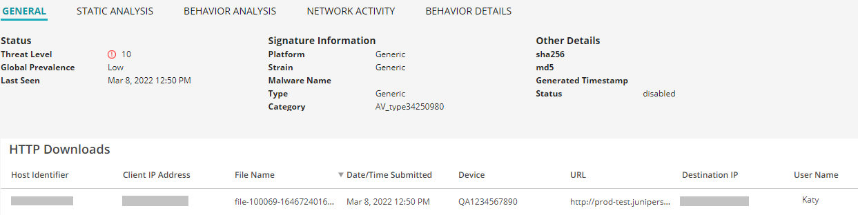 Cybersecurity tool interface showing a high severity threat with low global prevalence. Threat level 10, last seen March 8, 2022. Signature and HTTP download details are partially redacted.