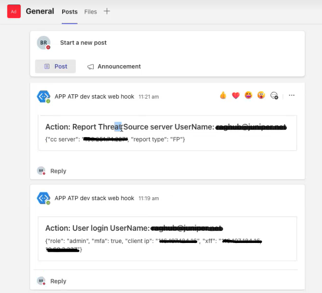 Screenshot of a team chat platform: General channel shows posts on security events. Post 1: Action - Report Threat. Post 2: Action - User Login. Sensitive data is redacted. Posts are web hook notifications from an app. Emojis indicate user reactions.