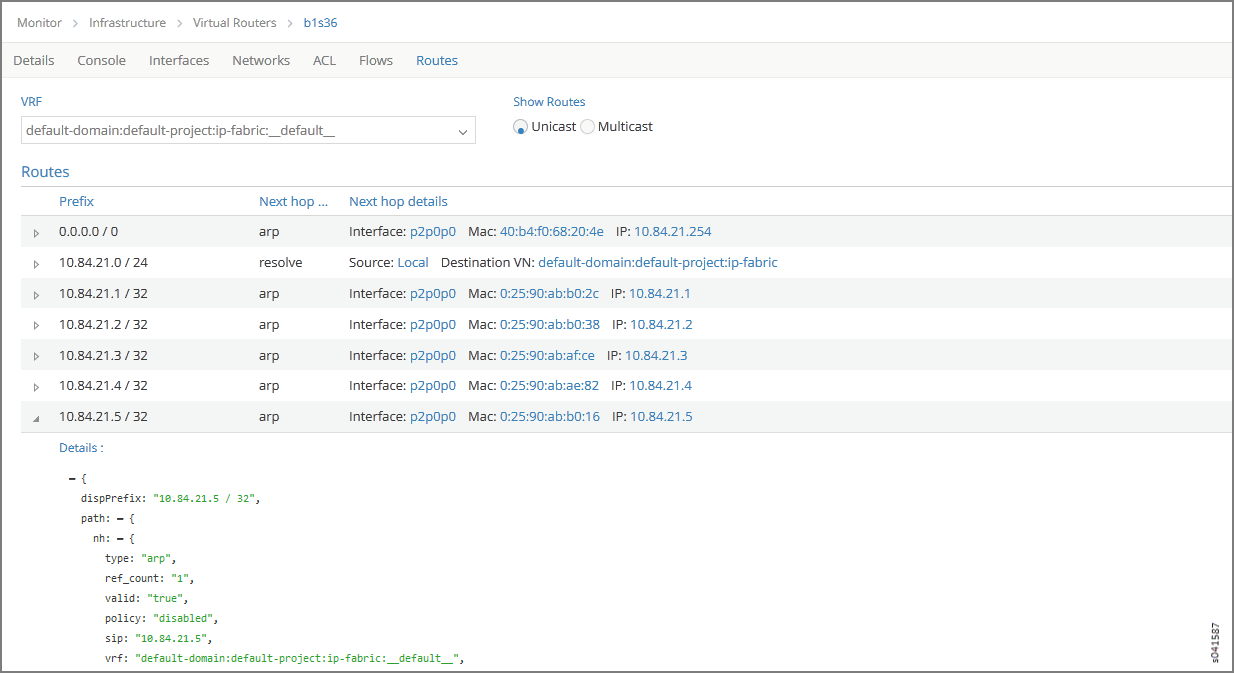 Individual vRouters—Routes Tab
