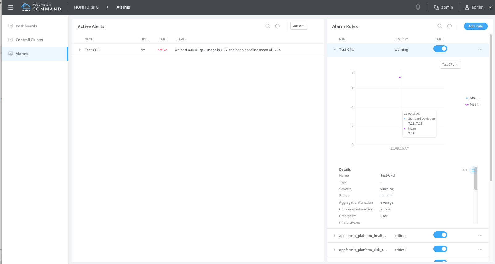 Alarm Active Alerts and Alarm Rules Panel in Contrail Command