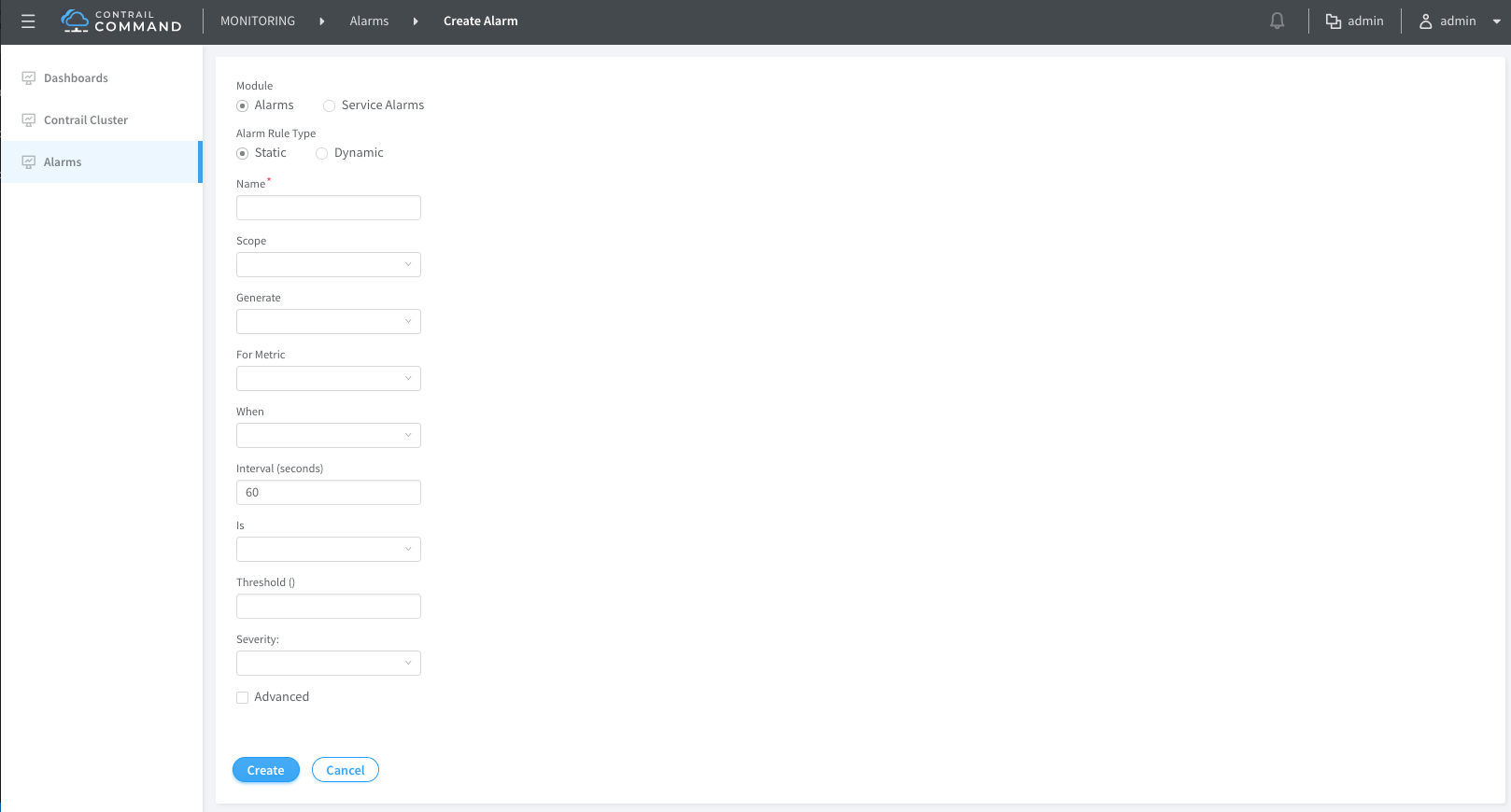 Create and Configure an Alarm in Contrail Command