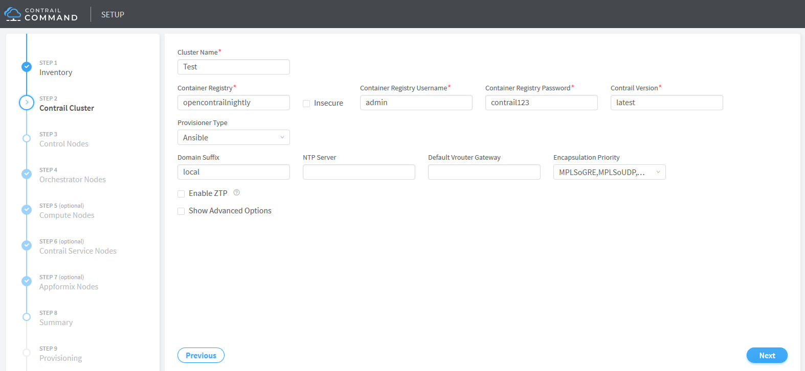 Setup interface for Contrail Command showing Step 2: Contrail Cluster with fields for Cluster Name, Container Registry, Contrail Version, and Provisioner Type. Navigation buttons for Previous and Next.