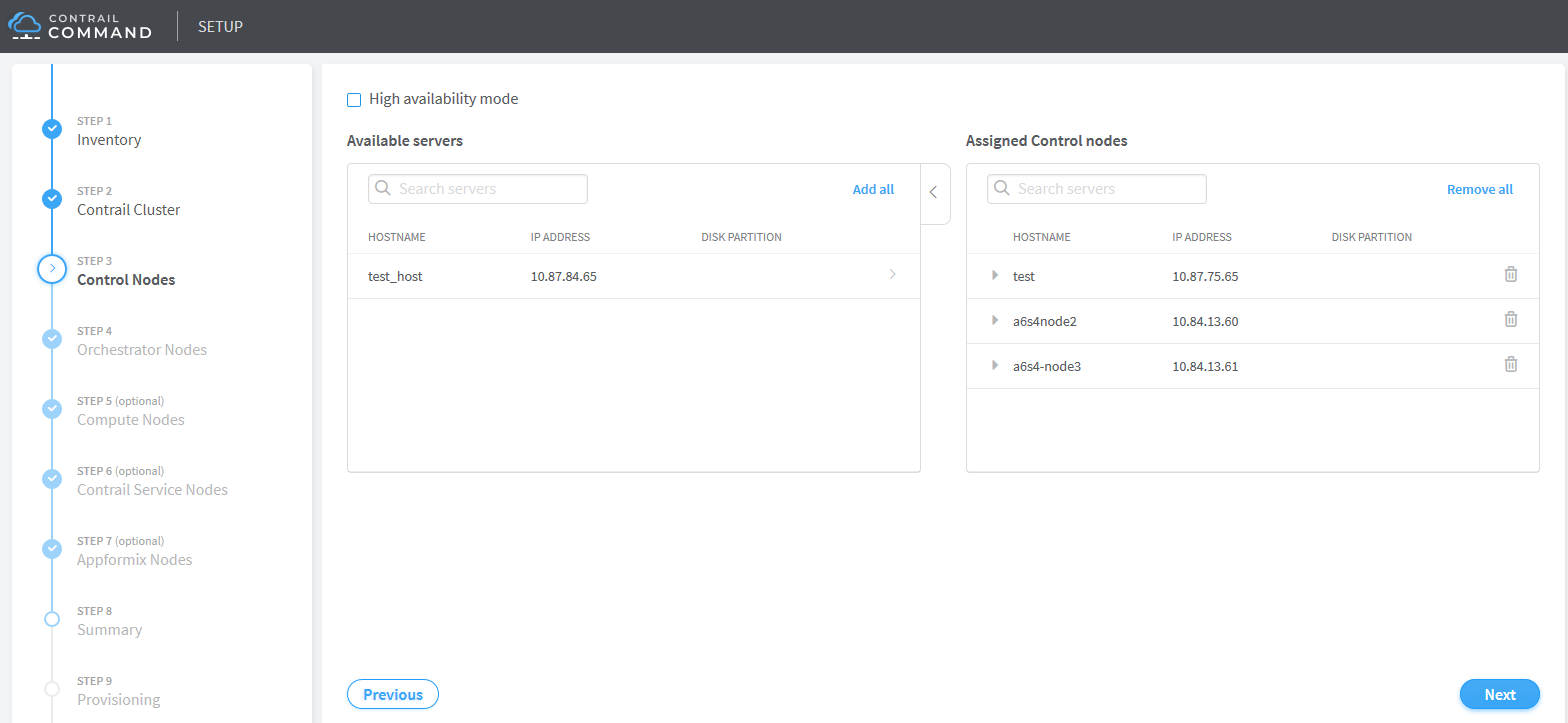Screenshot of Contrail Command Setup interface at Control Nodes step 3. Left sidebar shows setup steps, current step highlighted. Main area lists available and assigned control nodes. High availability mode checkbox is unchecked. Navigation buttons for setup steps at the bottom.