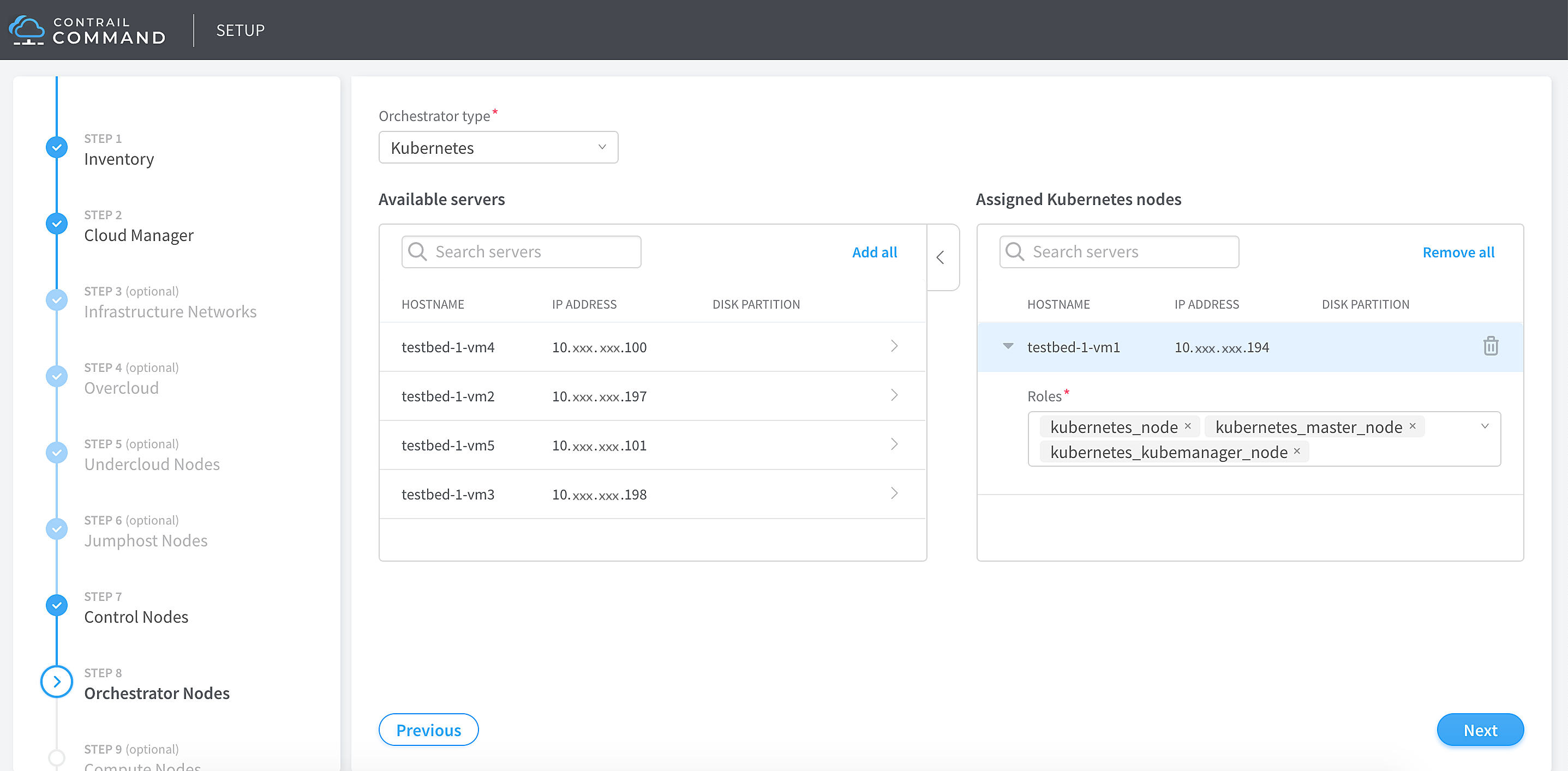 Setup interface for Contrail Command Step 8: Orchestrator Nodes with Kubernetes selected. Server testbed-1-vm1 is assigned as a Kubernetes node with roles kubernetes_node, kubernetes_master_node, and kubernetes_kubemanager_node.