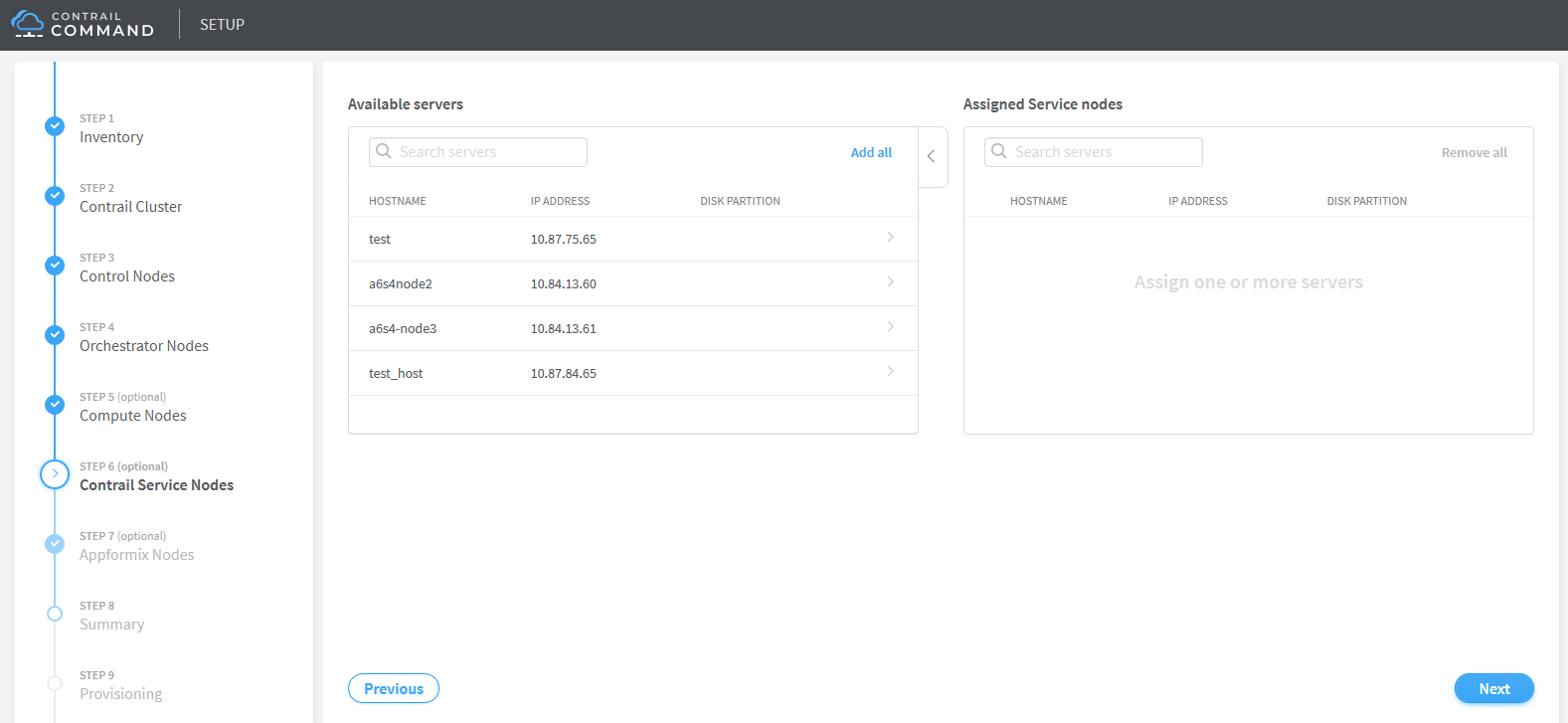 Contrail Command Setup interface showing Step 6: Contrail Service Nodes. Available Servers list with hostnames and IPs; Assigned Service Nodes empty. Navigation buttons.