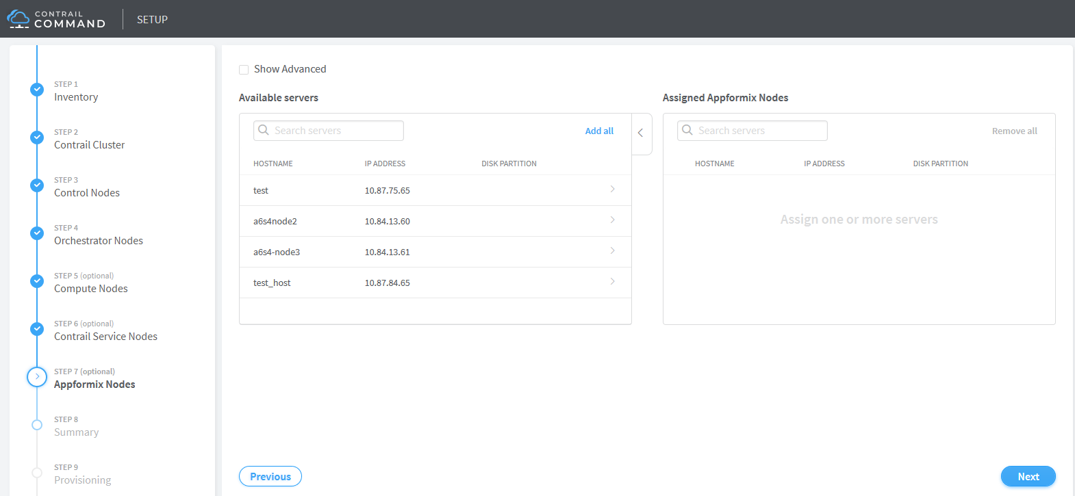 Setup interface of Contrail Command showing step 7: Appformix Nodes. Available servers with hostnames and IPs can be assigned as Appformix Nodes. Navigation buttons present.
