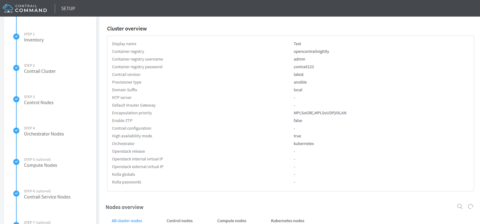 Contrail Command Setup interface for configuring a Contrail cluster with steps like Inventory, Control Nodes, and a cluster summary including display name Test and orchestrator Kubernetes.