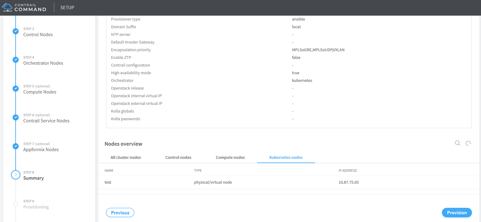 Contrail Command Setup interface showing node deployment steps, configuration summary, and node list for cloud management.