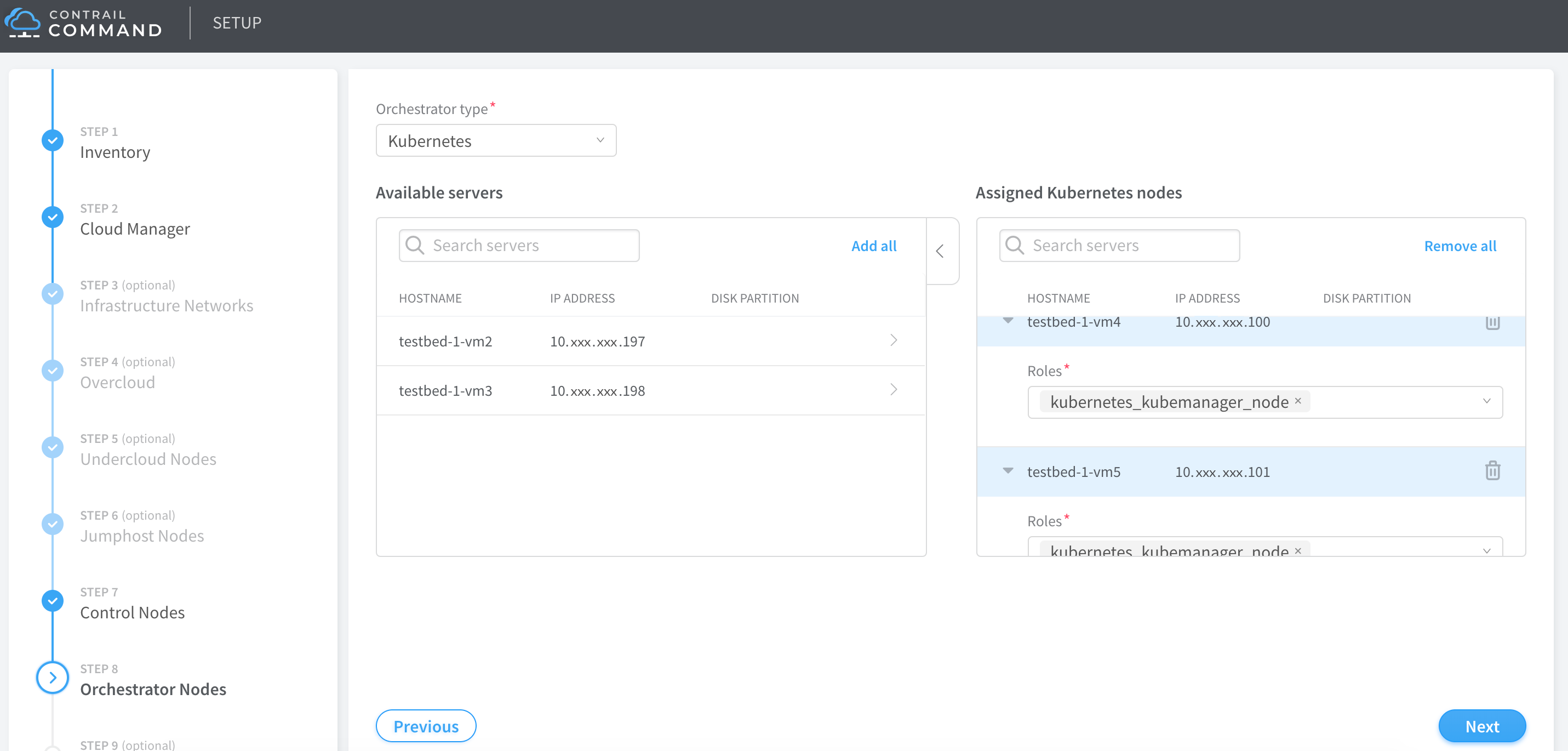 Screenshot of Contrail Command UI for Kubernetes setup; Step 8 Orchestrator Nodes selected; servers listed for orchestration.
