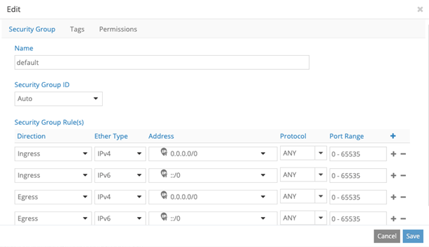 Configuration interface for Security Group named default. Allows unrestricted access for all IPs, protocols, and ports. Includes buttons to add or remove rules, and to cancel or save changes.