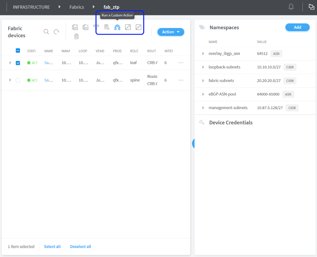 Screenshot of a network management interface for configuring network fabrics, showing fabric devices, a toolbar with actions, namespaces, and device credentials placeholder.