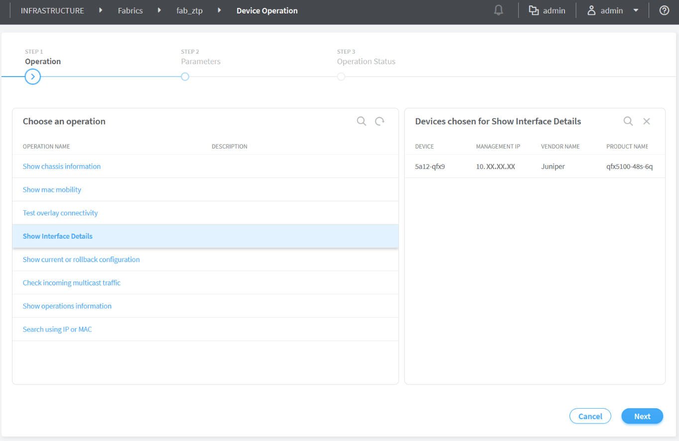 Device Operation workflow interface with steps: Operation, Parameters, and Operation Status. Selected operation is Show Interface Details for device 5a12-qfx9.
