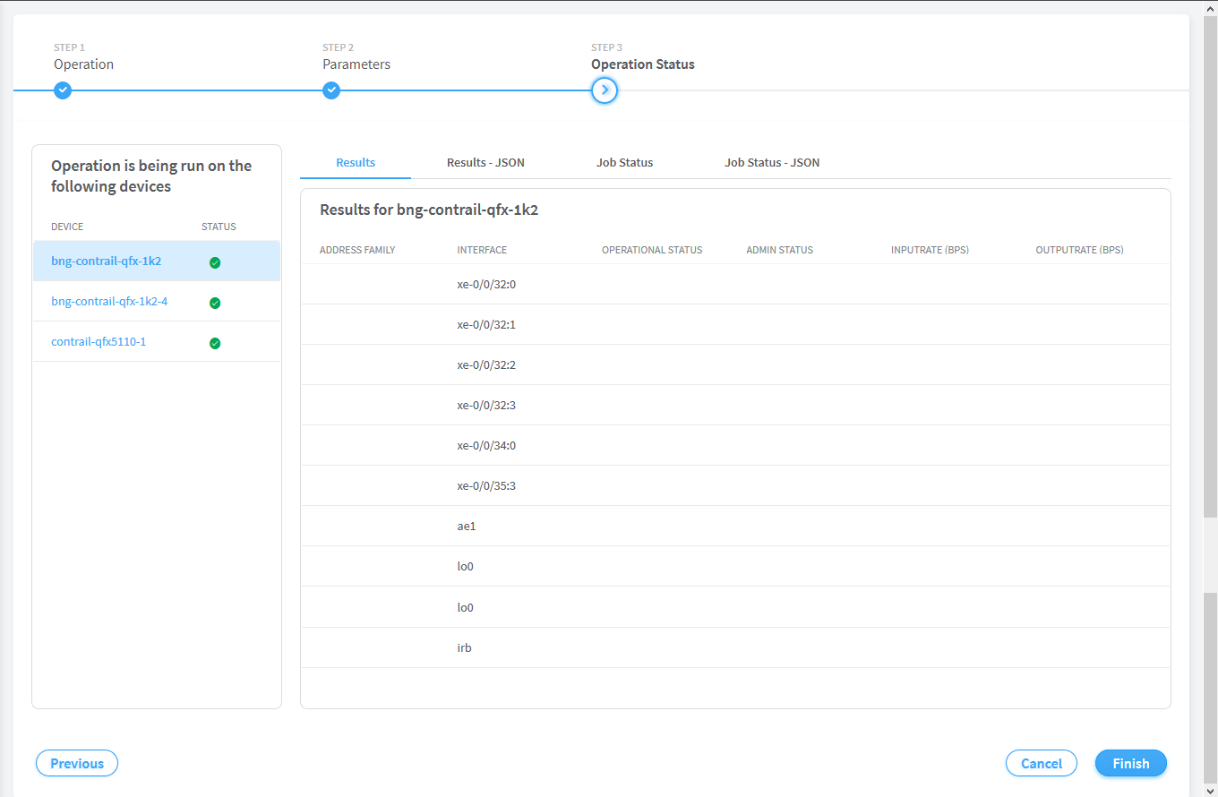 Network tool interface showing Operation Status step. Devices bng-contrail-qfx-1k2 and others have successful status. Selected device results include Interface xe-0/0/32:0 and more, with operational metrics. Navigation buttons at the bottom.