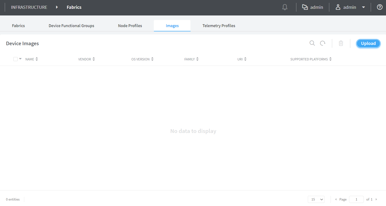 User interface for managing device images within an infrastructure system. Images tab selected; no data to display. Options to search, delete, and upload images. Logged in as admin.