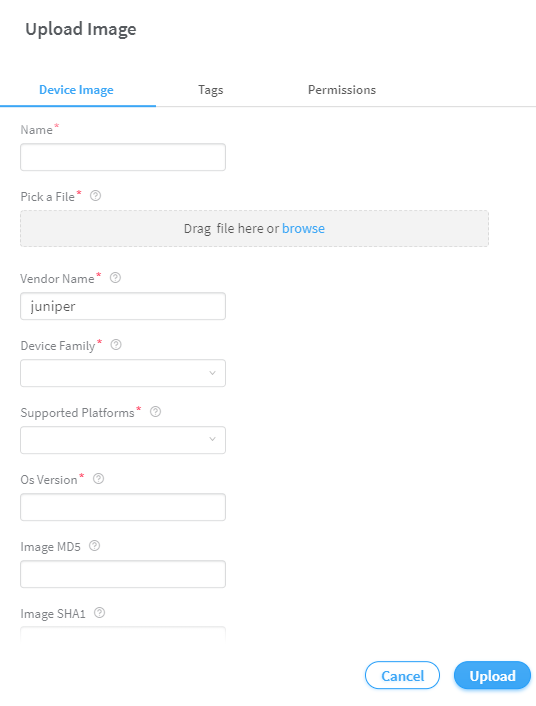Upload device image form with fields for Name, File, Vendor juniper, Device Family, Platforms, OS Version, MD5, SHA1, and buttons for Cancel and Upload.
