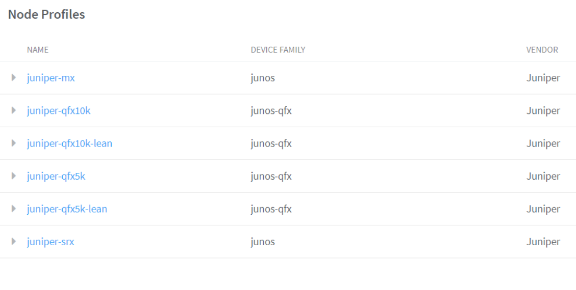 Table titled Node Profiles listing Juniper device profiles with columns Name, Device Family, and Vendor (Juniper).