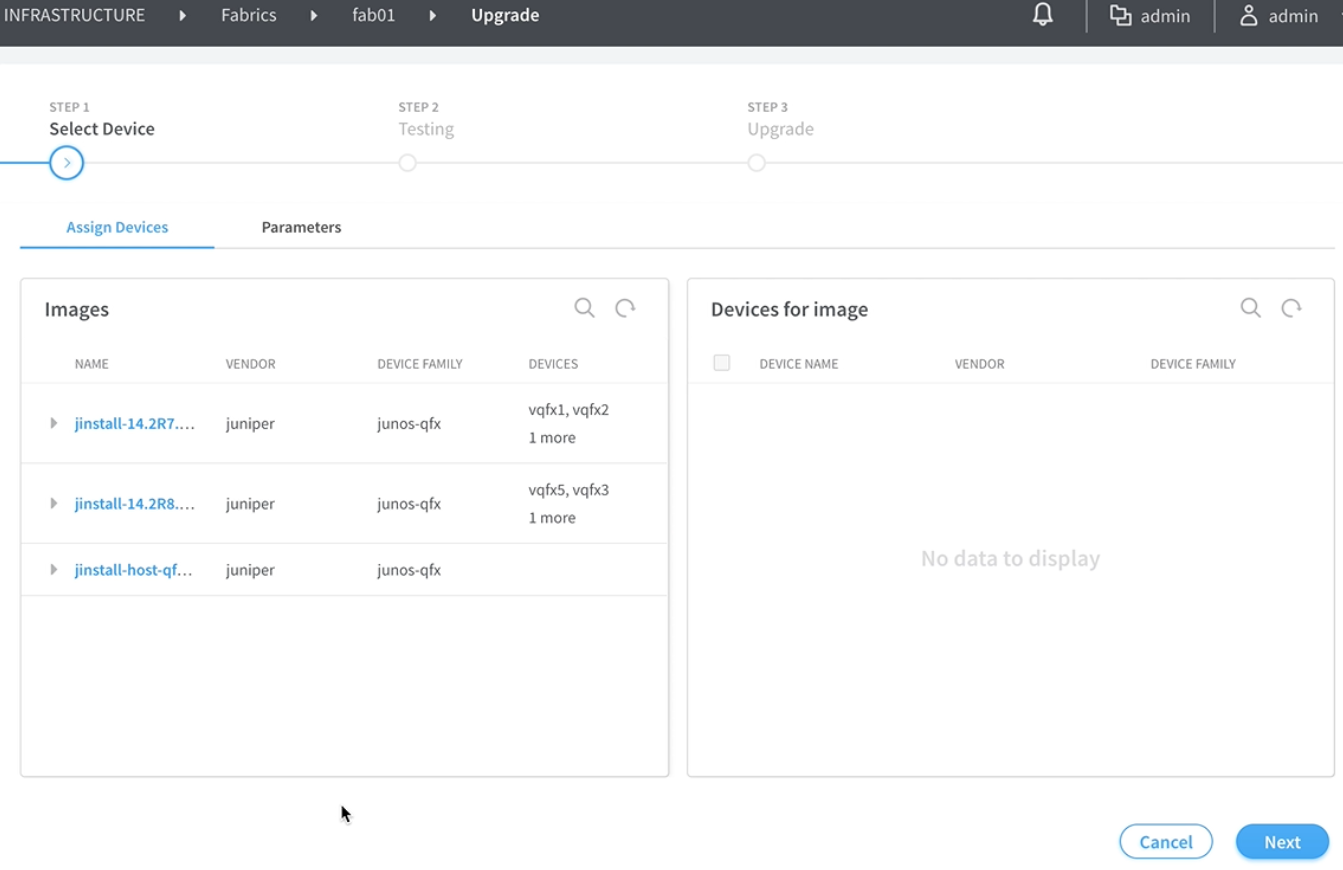 Network management interface showing Step 1: Select Device in an upgrade workflow; Assign Devices tab active with Juniper software images listed.