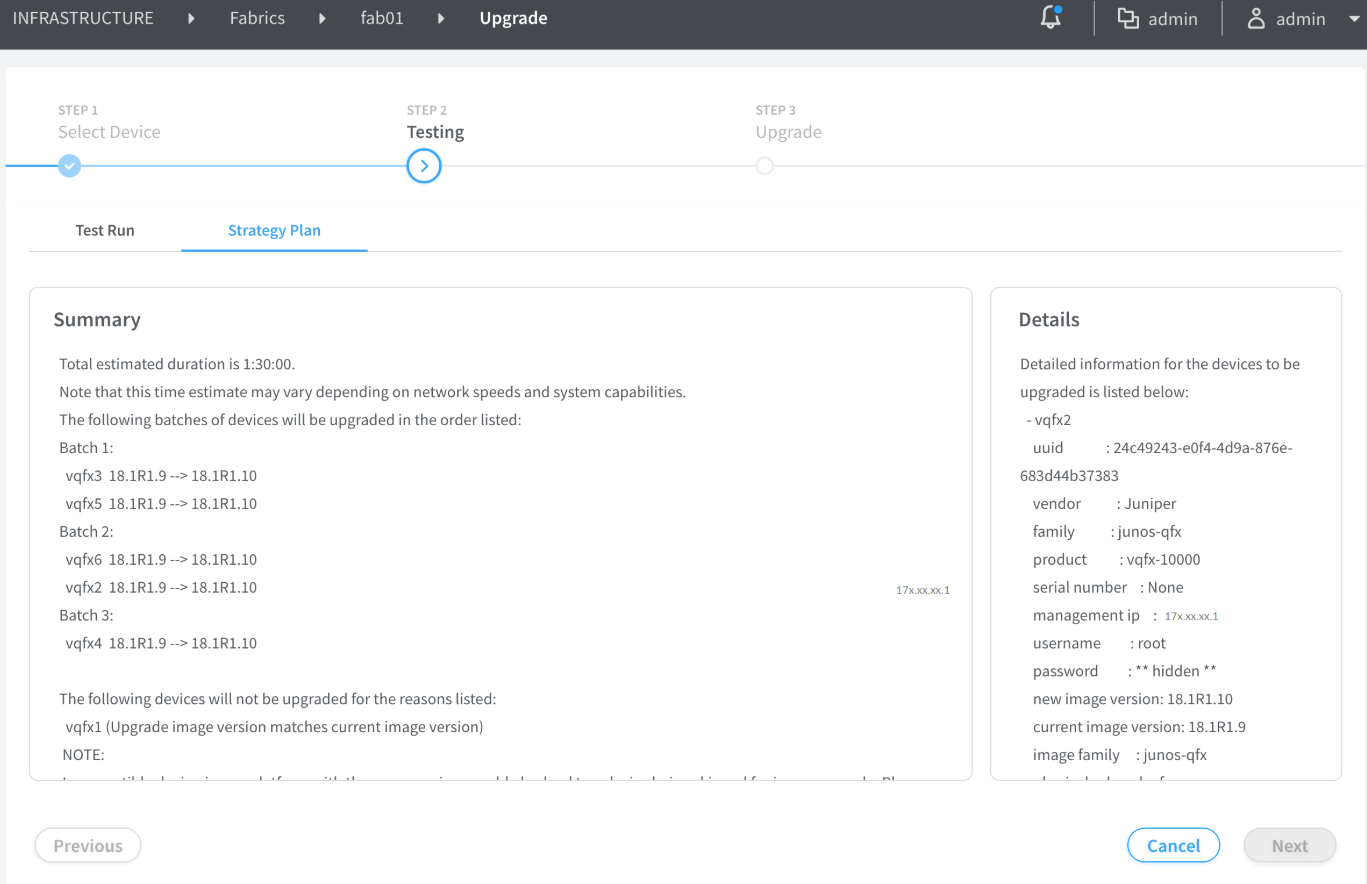 Network infrastructure upgrade interface in Testing phase. Summary shows 1.5-hour duration, device batches, and upgrade versions. Details focus on device vqfx2 with technical info. Navigation buttons: Previous, Cancel, Next.