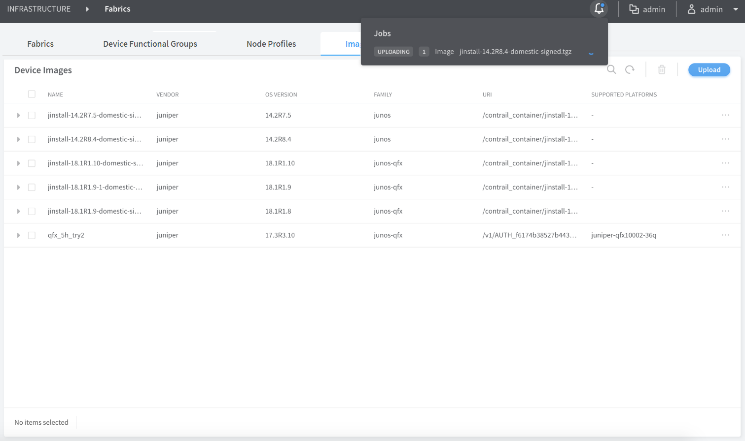 Web interface for network management displaying device images with details such as name, vendor Juniper, OS versions 14.2R7.5 to 18.1R9, and a Jobs section showing an image upload in progress.