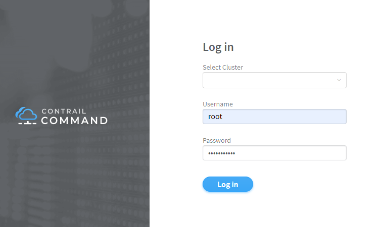 Contrail Command login page with fields for cluster selection, username root, password entry, and a blue Log in button.