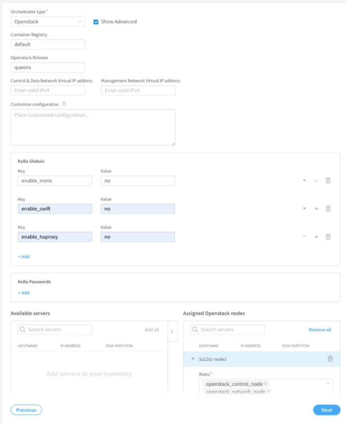 OpenStack deployment interface with orchestrator type OpenStack, container registry default, release version queens, network configuration fields, custom configurations section, Kolla Globals with services disabled, empty Kolla Passwords and Available Servers, assigned node 5a12s1-node1 with control and network roles, navigation buttons Previous and Next.