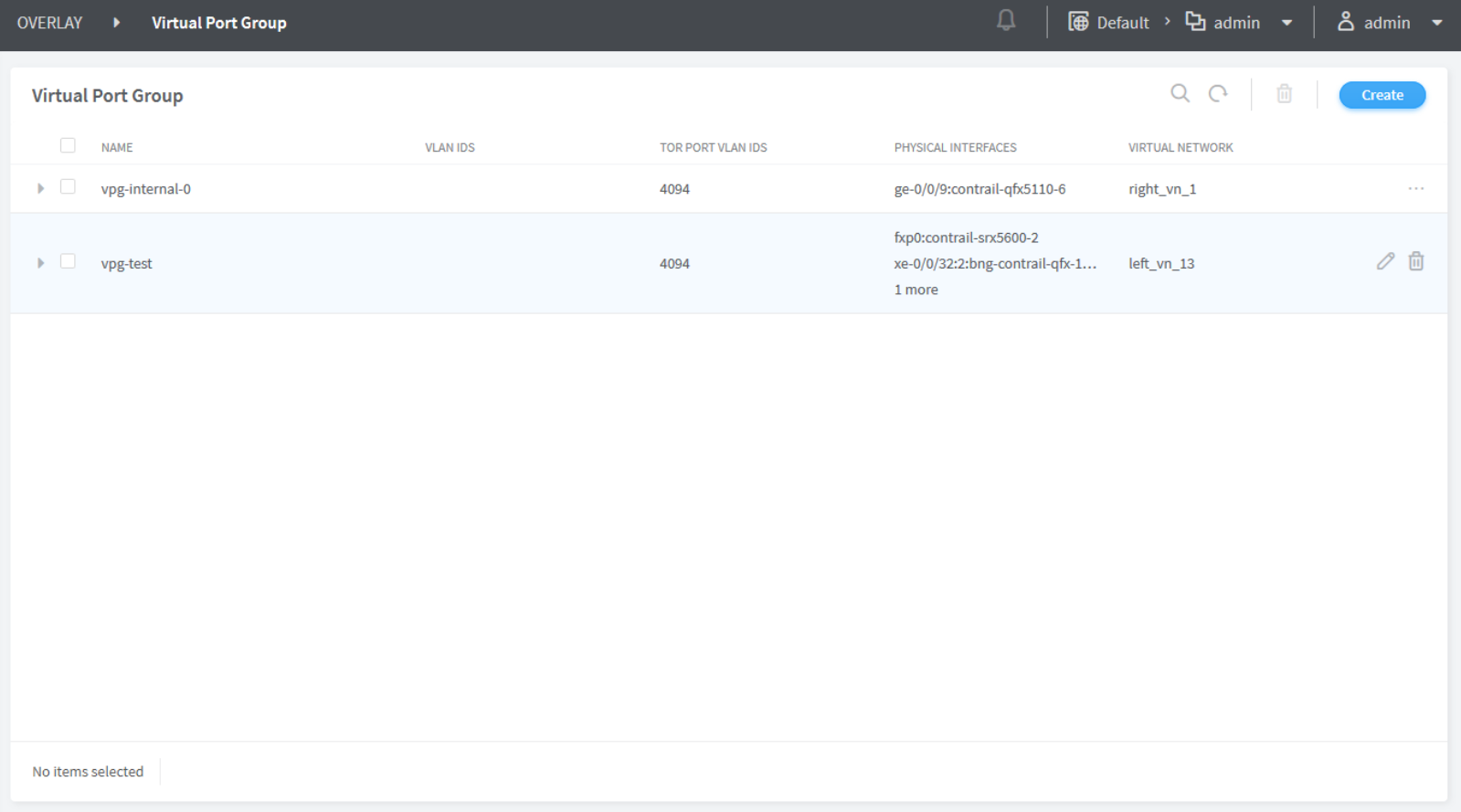 Virtual Port Group interface for managing VPGs in a network system, showing a table of entries with columns for name, VLAN IDs, TOR port VLAN IDs, physical interfaces, and virtual networks. Includes options to edit or delete entries, a Create button, and search and filter tools.