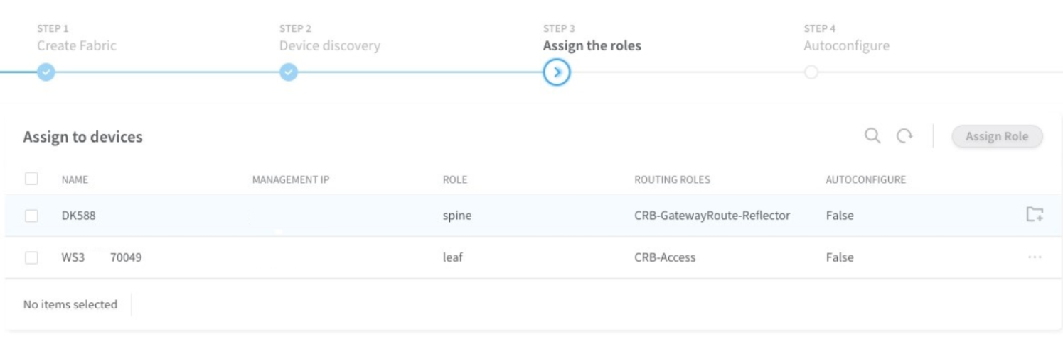 Network configuration interface showing step 3 of 4, Assign the roles, in fabric setup. Table lists devices DK588 as spine with CRB-GatewayRoute-Reflector and WS3 as leaf with CRB-Access. Autoconfigure set to False for both. Options to search, refresh, and assign roles are on the right.