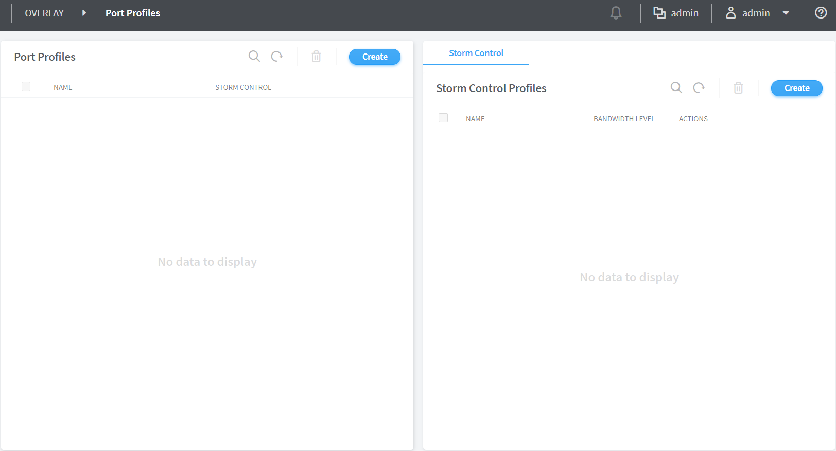 Screenshot of a user interface for managing network configurations with sections for Port Profiles and Storm Control Profiles, both showing No data to display. Top navigation includes breadcrumbs, admin account options, and tools for notifications, settings, and help.