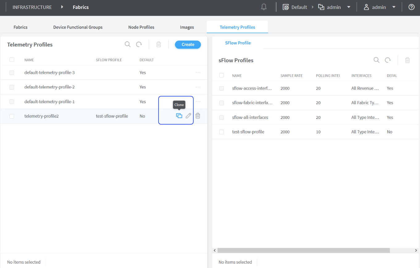 User interface for managing telemetry profiles and sFlow profiles with sections showing profile details like name, default status, sample rate, and polling interval. Clone button highlighted for telemetry-profile2.