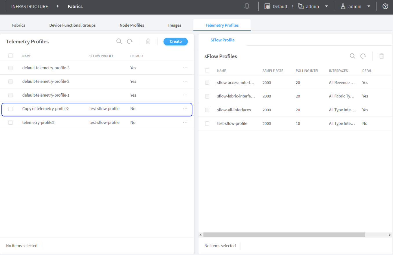 User interface for managing telemetry and sFlow profiles, showing telemetry profiles with default status and sFlow profiles with sample rate and polling interval details. Includes navigation tabs, user info, and profile controls.