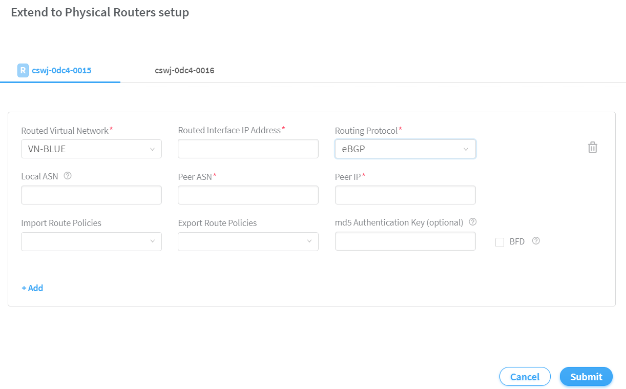 Setup interface for configuring network settings with fields for routed virtual network, interface IP address, routing protocol, local ASN, peer ASN, peer IP, route policies, authentication key, and BFD. Includes options to add configurations and buttons for Cancel and Submit.