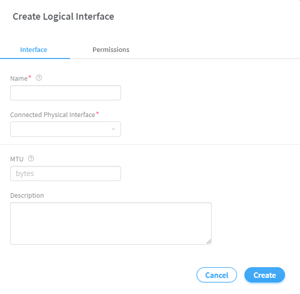 User interface for creating a logical network interface with fields for name, connected physical interface, MTU, description, and buttons for cancel and create. Tabs for interface and permissions are visible.