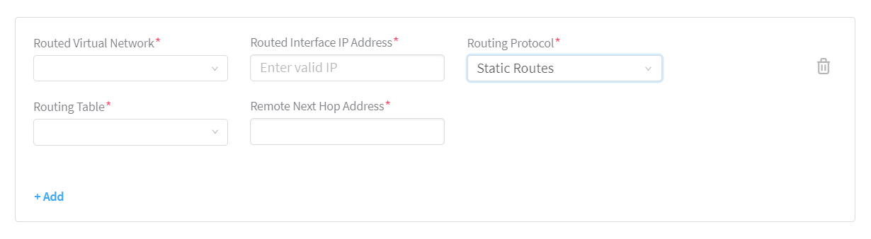 Configuration form for network routing setup with fields for routed virtual network, routed interface IP, routing protocol, routing table, and remote next hop IP.