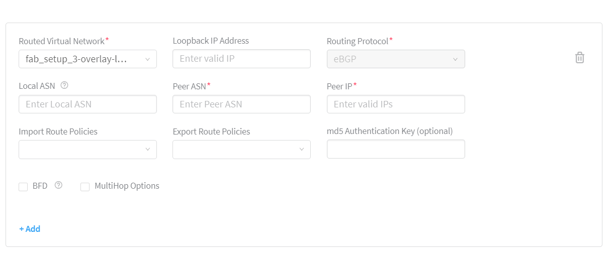 Configuration interface for setting routing parameters in a network, including fields for virtual network selection, IP addresses, BGP settings, route policies, authentication key, and advanced options like BFD and multi-hop.
