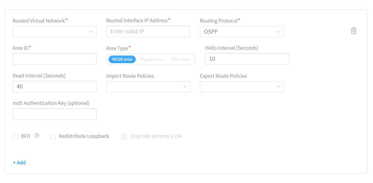 Configuration form for OSPF routing protocol settings with fields for network, IP address, area ID, area type, intervals, route policies, authentication key, and additional options.